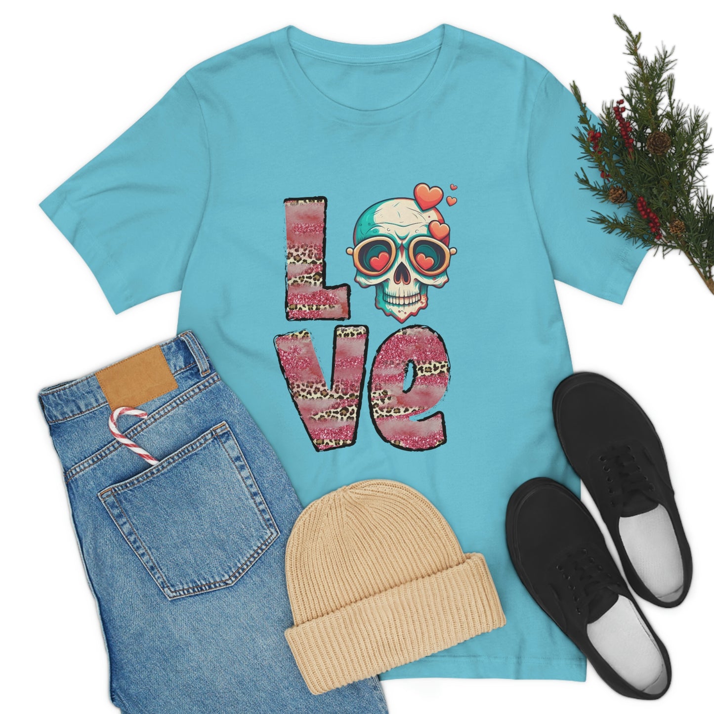 Love Valentine Skull With Red Roses Unisex Jersey Short Sleeve Tee