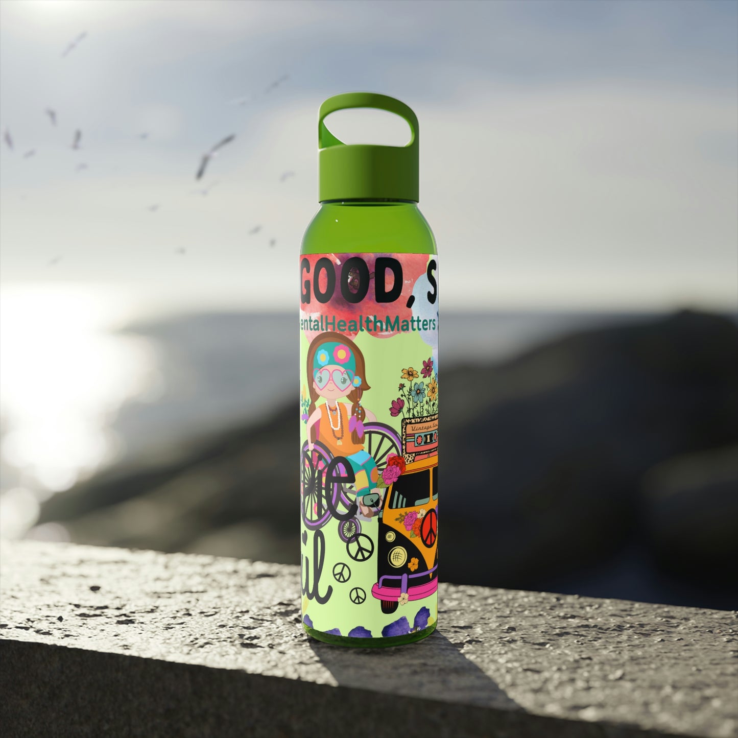 You Good Sis ? Mental Health Awareness Hippie Chic , Wheelchair Green Background Sky Water Bottle