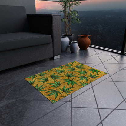 Gold And Green Marijuana Pot Weed Leaf With Gold Background 420 Outdoor Rug