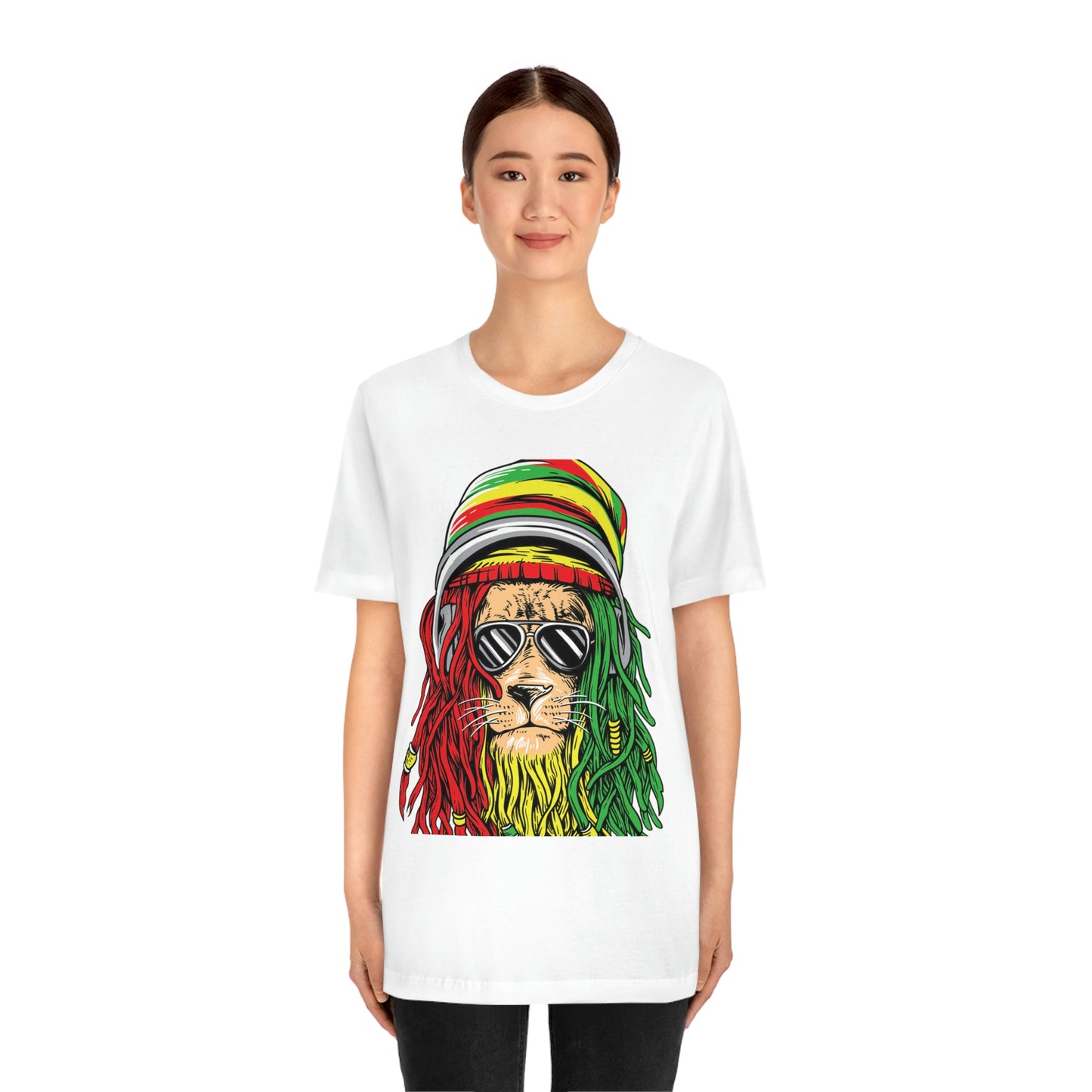 Reggae Lion With Dread locks with Hat, Unisex Jersey Short Sleeve Tee