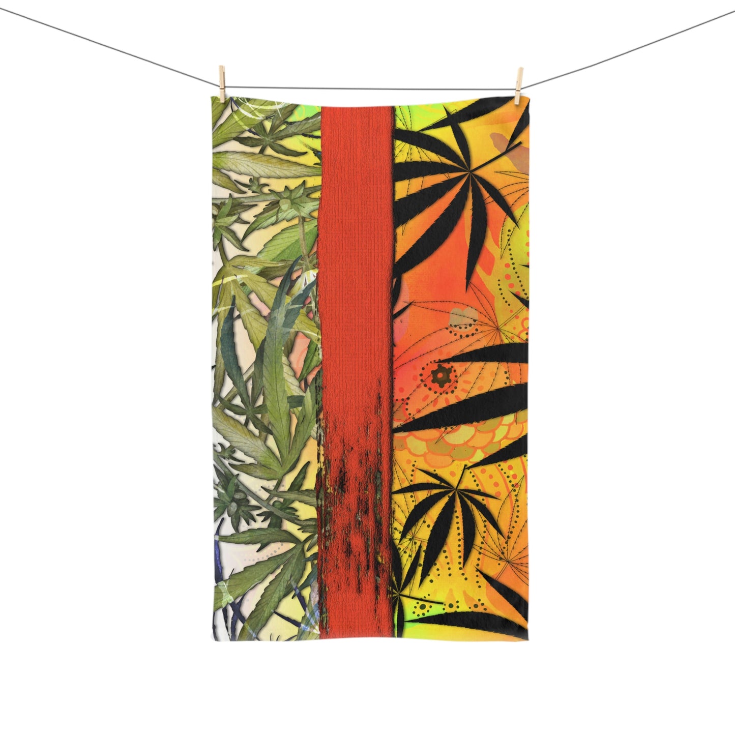 Beautiful Redish Orange Banded Marijuana 420 Pot Weed Leaf, Hand Towel