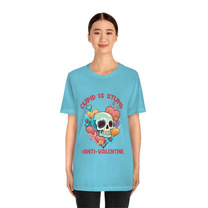 Stupid Cupid #Anti-Valentine Skull With Hearts & Flowers Unisex Jersey Short Sleeve Tee