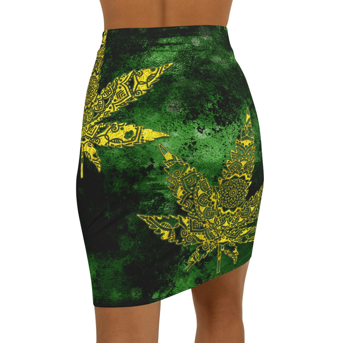 Gorgeous Designed Gold Leaf With multigreen Background Marijuana Pot Weed 420 Women's Mini Skirt (AOP)