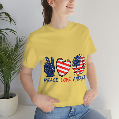 Peace Fingers , Love Heart , America Flag Design Unisex Jersey Short Sleeve Tee