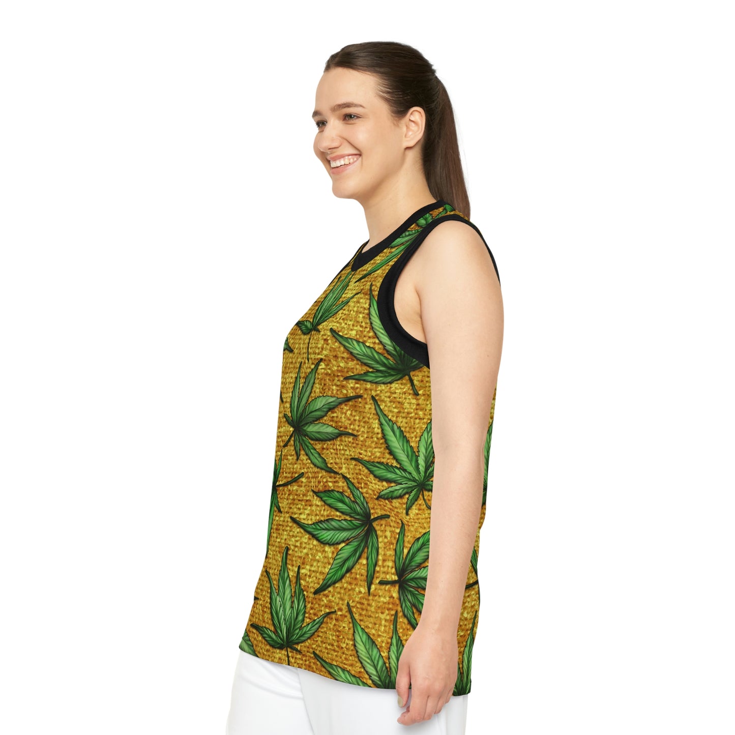 Gold And Green Marijuana Pot Weed Leaf With Gold Background 420 Unisex Basketball Jersey (AOP)