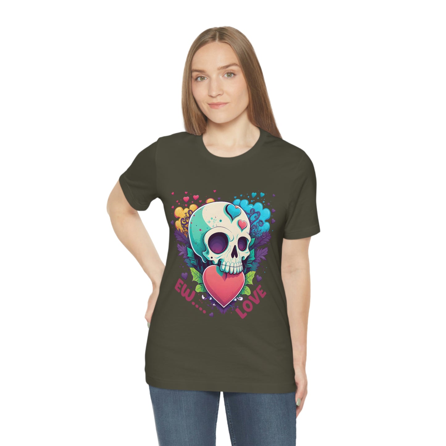 Ew Love Valentine Skull  With Pink And Blue Hearts Unisex Jersey Short Sleeve Tee