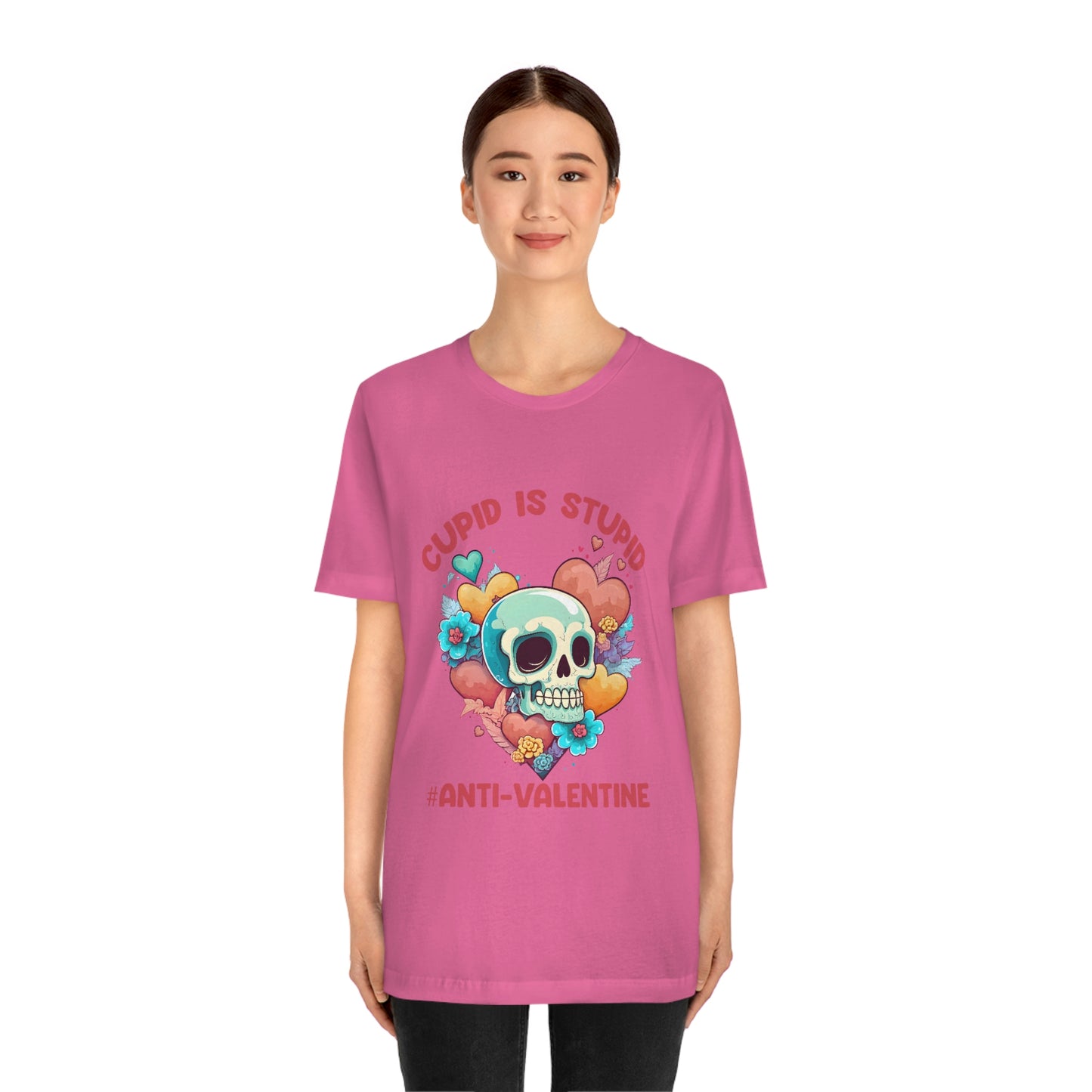 Stupid Cupid #Anti-Valentine Skull With Hearts & Flowers Unisex Jersey Short Sleeve Tee