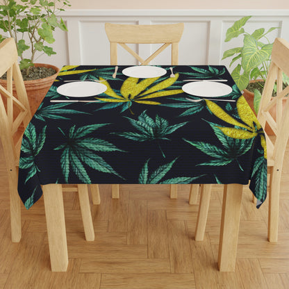 Large Gold Leaf Marijuana Pot Weed 420 With Green Leaf Background Tablecloth