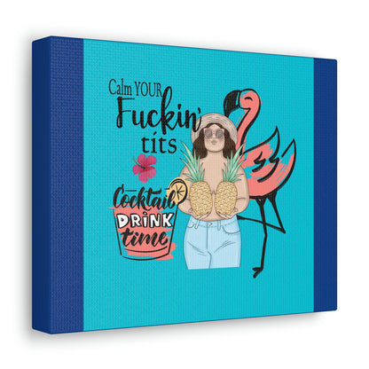 Calm Your Fuckin Tits, Cocktail Drink Time Blue Fun Retro Summer Fun Travel Van Flamingo Collage Canvas Gallery Wraps