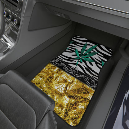 Gold And Zebra White And Black Marijuana Pot 420 Leaf Car Mats (Set of 4)