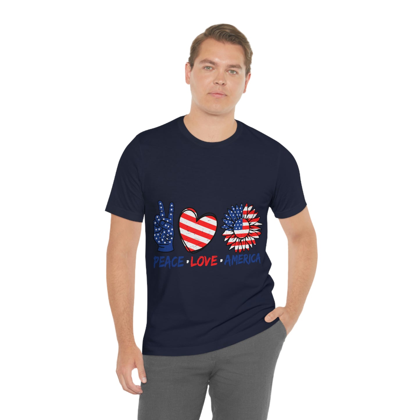 Peace Fingers , Love Heart , America Flag Design Unisex Jersey Short Sleeve Tee