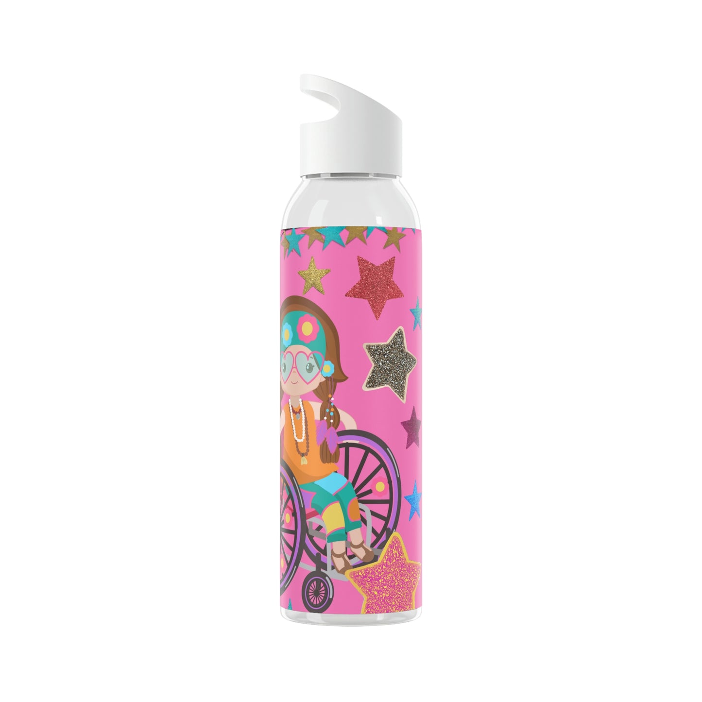 Super Girl Hippie Chic , Wheelchair Purple Background Sky Water Bottle