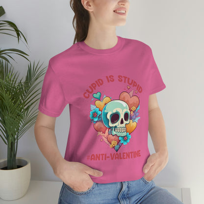 Stupid Cupid #Anti-Valentine Skull With Hearts & Flowers Unisex Jersey Short Sleeve Tee