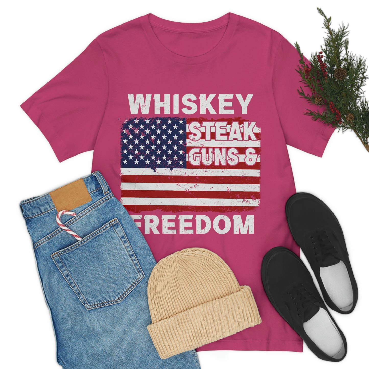 Whiskey Steak Gun And Freedom, American Flag, Fourth Of July 4th Unisex Jersey Short Sleeve Tee