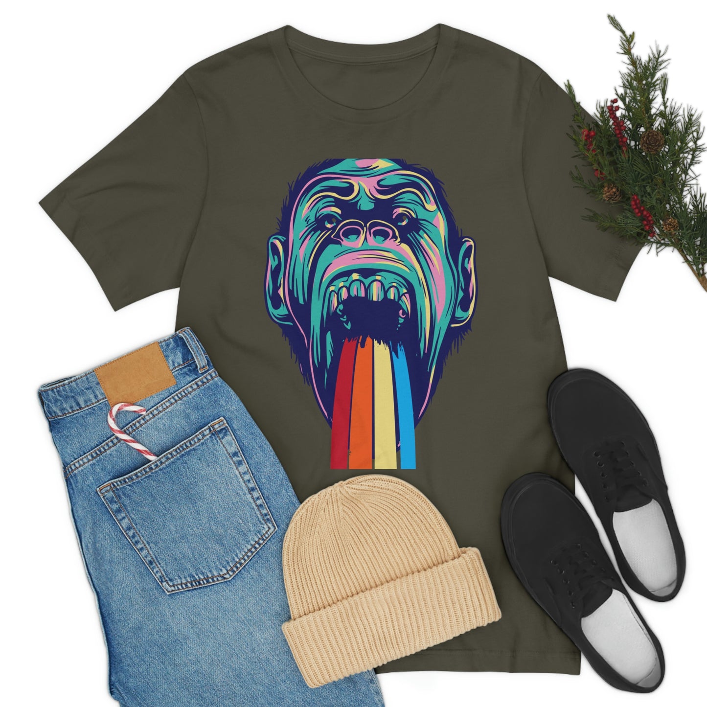 Color Ape Pouring flowing Rainbow Out His Mouth, Unisex Jersey Short Sleeve Tee