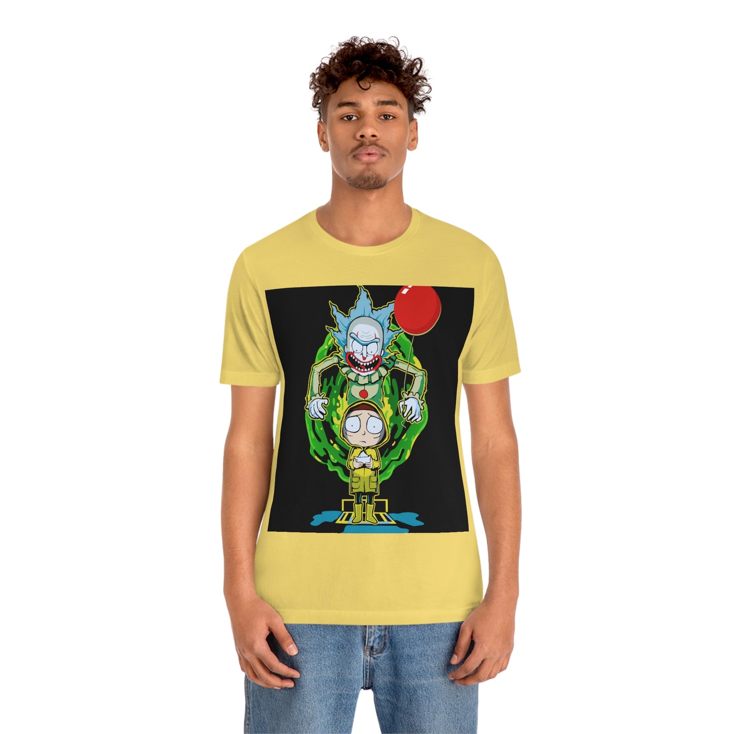 Scary Clown With Red Balloon And Kid In Yellow Rain Jacket - It Cover Unisex Jersey Short Sleeve Tee