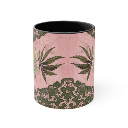 Grey Lace Gorgeous Pink Beautiful Multicolored Pot, Weed, Marijuana Leaf Accent Coffee Mug, 11oz