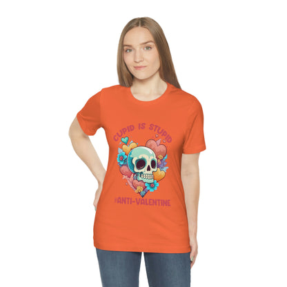 Stupid Cupid #Anti-Valentine Skull With Hearts & Flowers Unisex Jersey Short Sleeve Tee