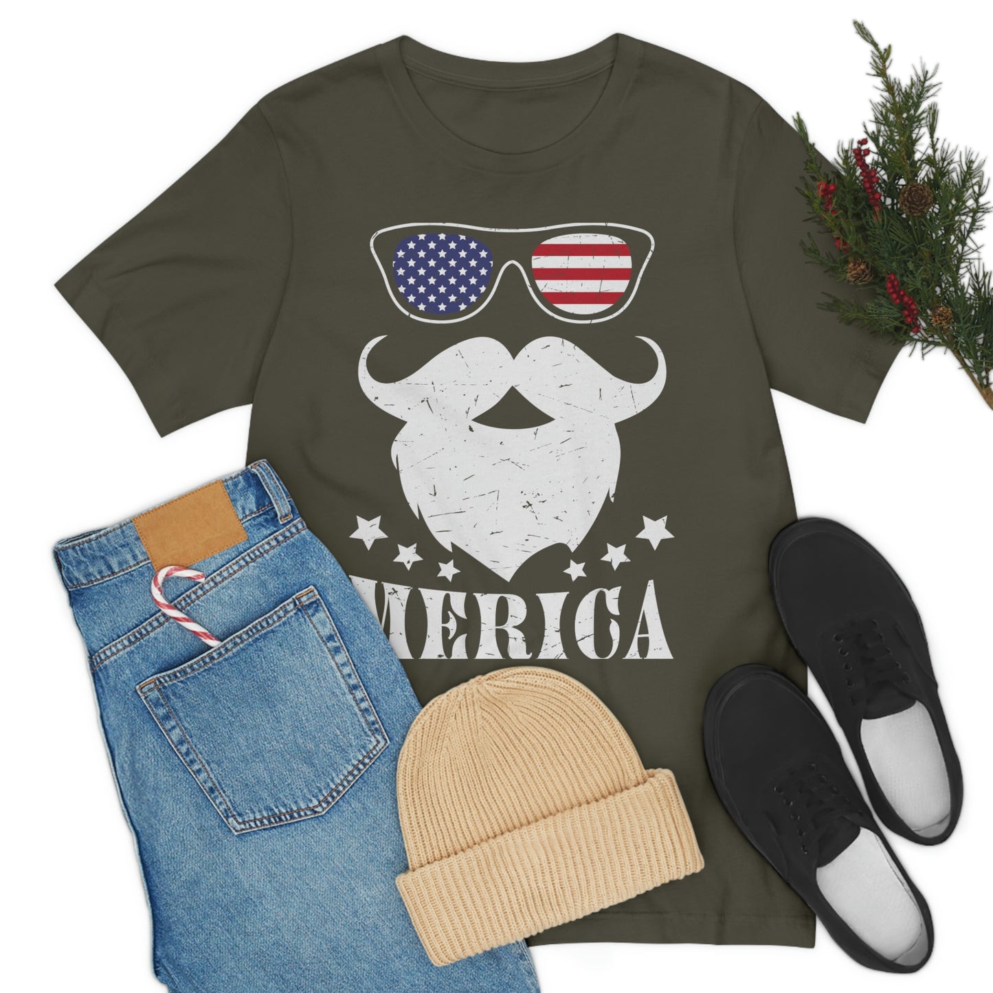 American Flag Sunglass Beard And Merican With Stars Unisex Jersey Short Sleeve Tee