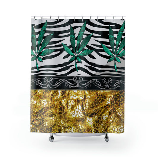 Gold And Zebra White And Black Marijuana Pot 420 Leaf Shower Curtains