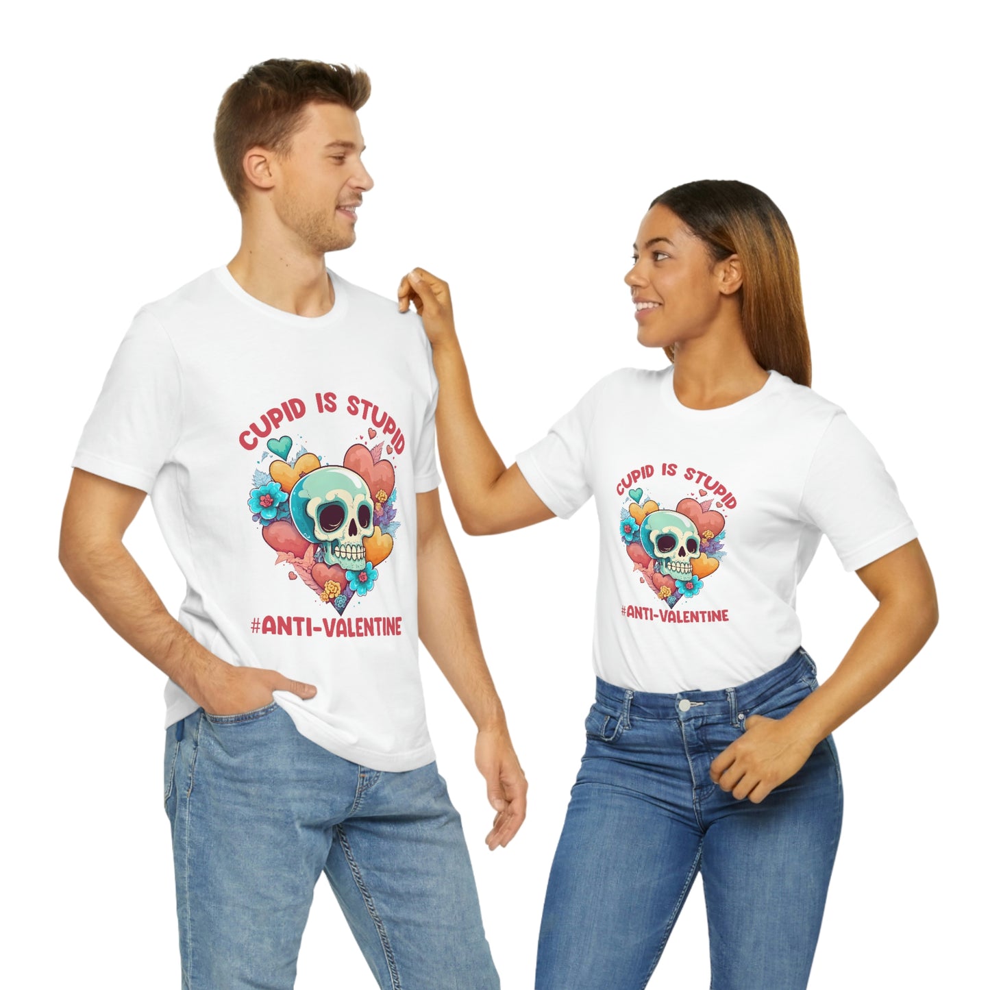 Stupid Cupid #Anti-Valentine Skull With Hearts & Flowers Unisex Jersey Short Sleeve Tee