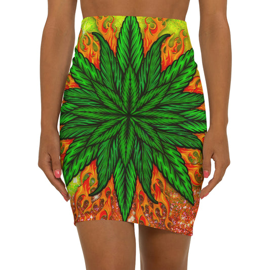 Pot Leaf Collage With Yellow Orange Background With Marijuana Pot Weed 420 Women's Mini Skirt (AOP)