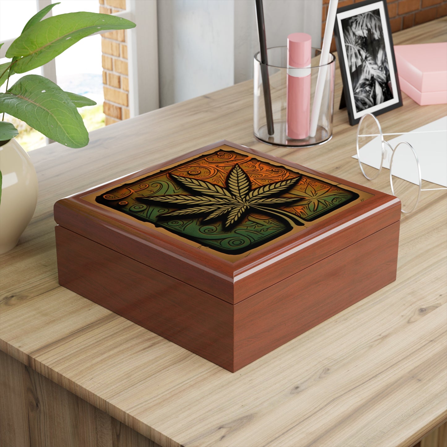 Marijuana Leaf Multi Blue and Green Collage Jewelry Box