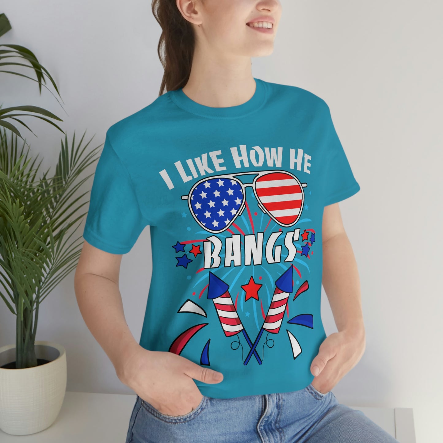 I Like How He Bangs American Flag, Fourth Of July 4th , American Flag Glasses Unisex Jersey Short Sleeve Tee