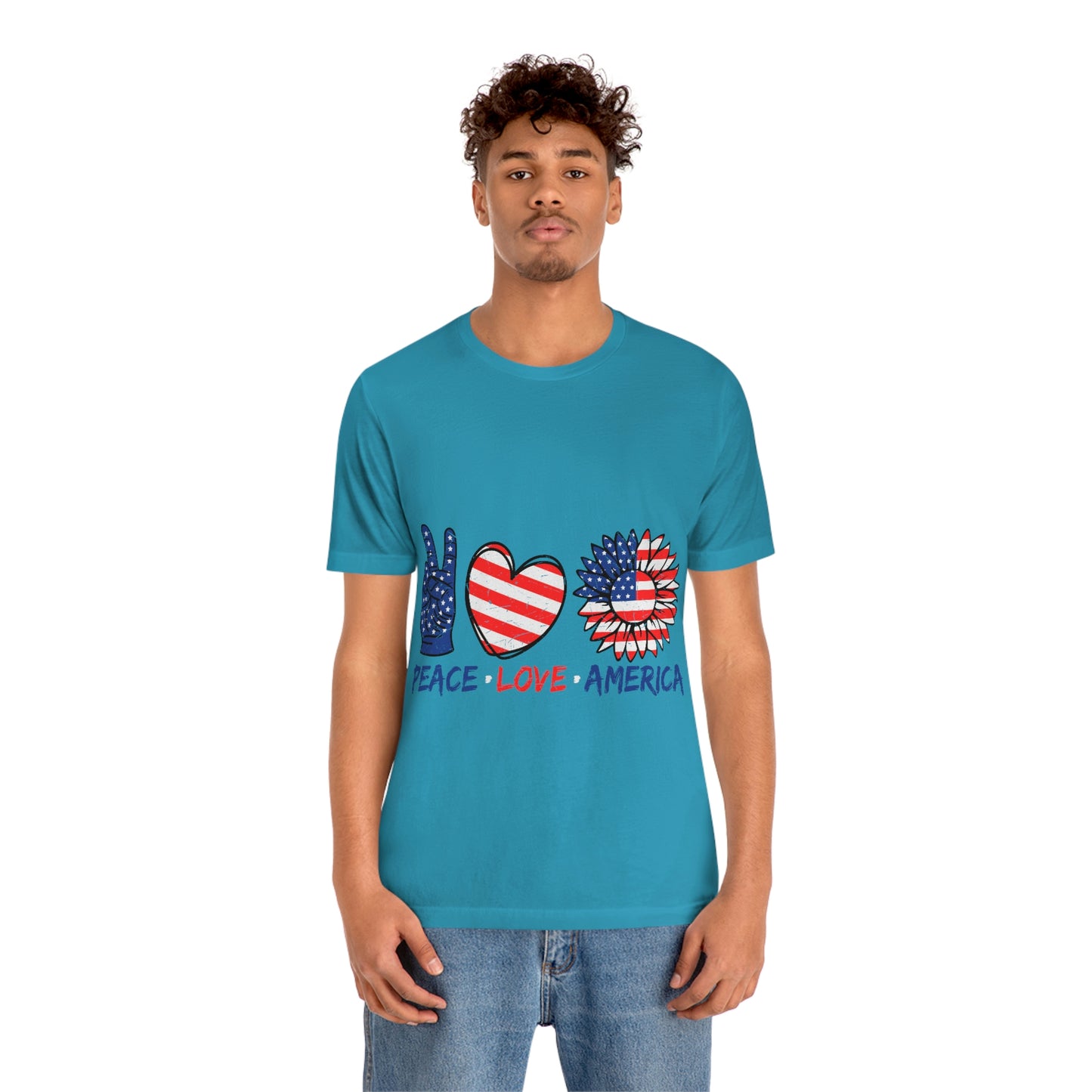 Peace Fingers , Love Heart , America Flag Design Unisex Jersey Short Sleeve Tee