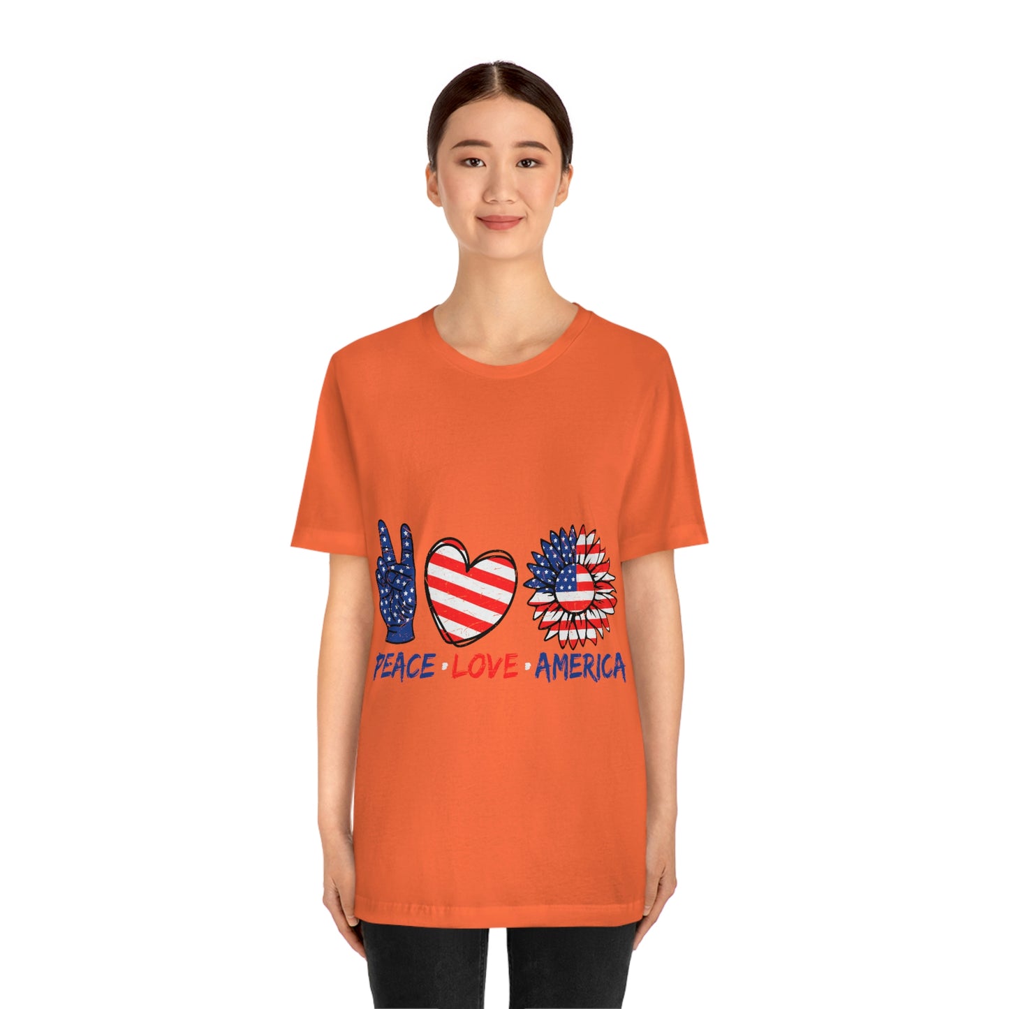 Peace Fingers , Love Heart , America Flag Design Unisex Jersey Short Sleeve Tee