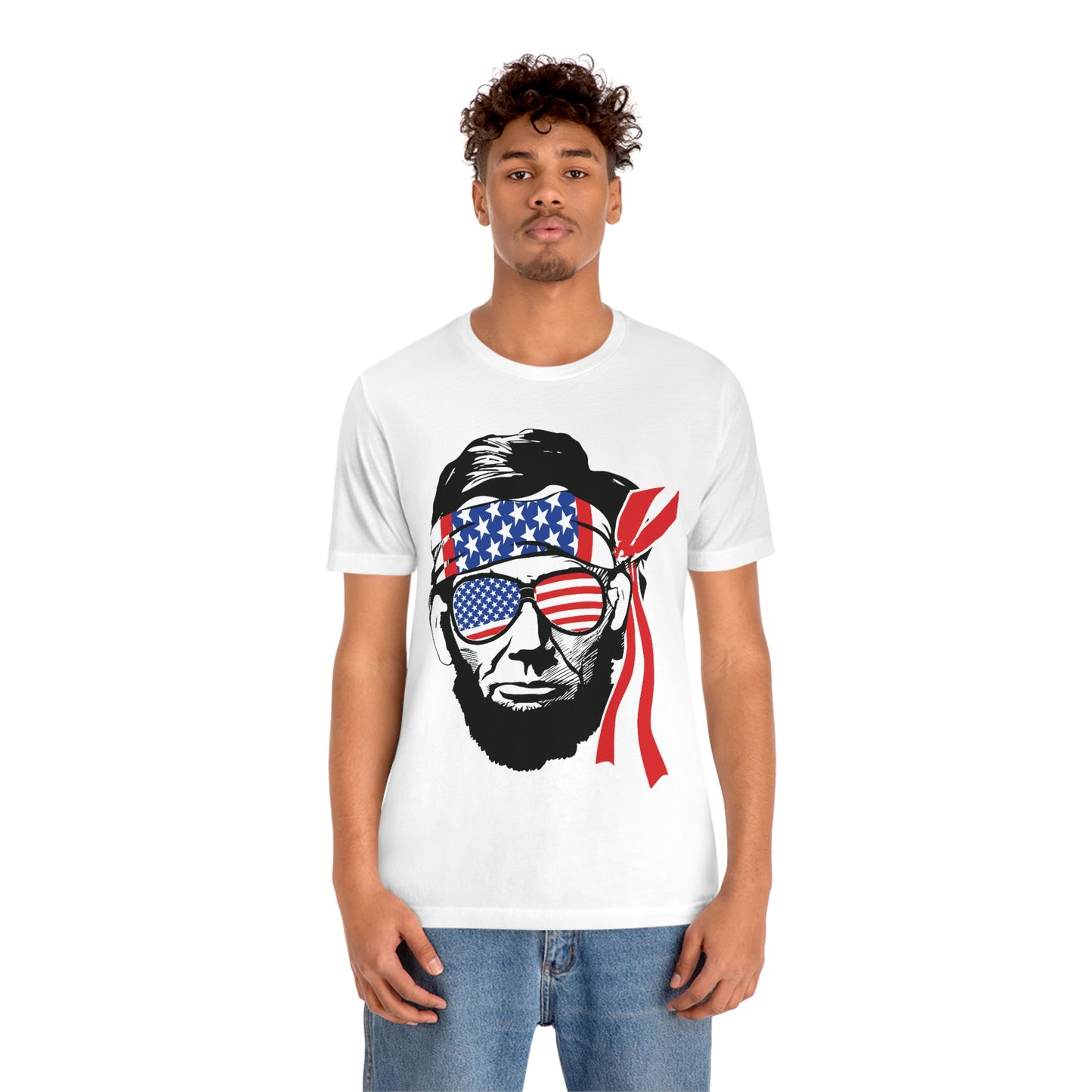 Independence Day Groovy Flag Glasses Well Known Face with Flag Bandana Unisex Jersey Short Sleeve Tee