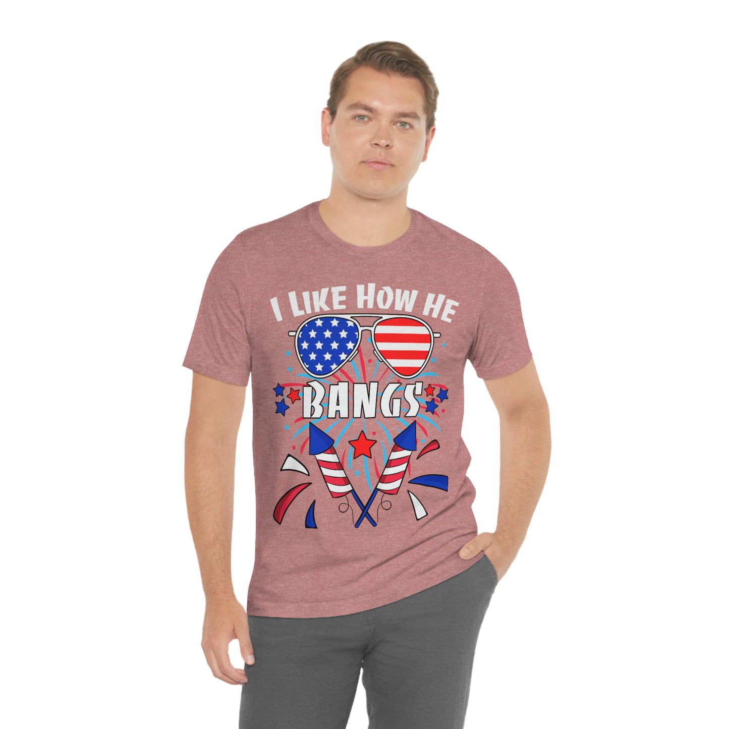 I Like How He Bangs American Flag, Fourth Of July 4th , American Flag Glasses Unisex Jersey Short Sleeve Tee