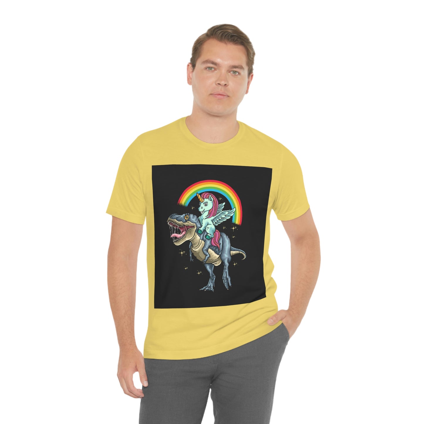 Unicorn Riding a dinosaur, Unisex Jersey Short Sleeve Tee