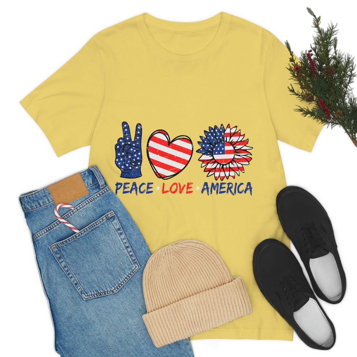 Peace Fingers , Love Heart , America Flag Design Unisex Jersey Short Sleeve Tee