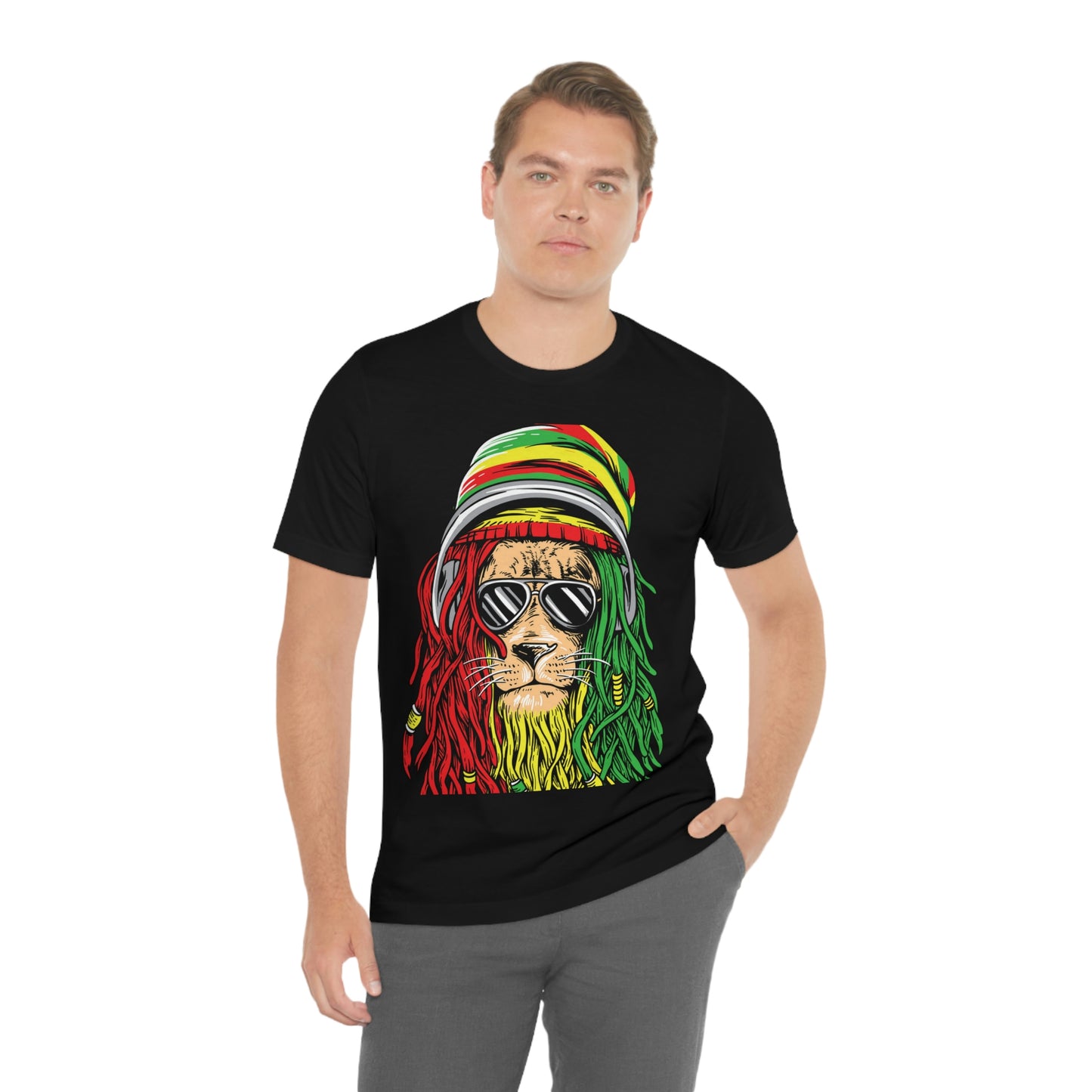 Reggae Lion With Dread locks with Hat, Unisex Jersey Short Sleeve Tee