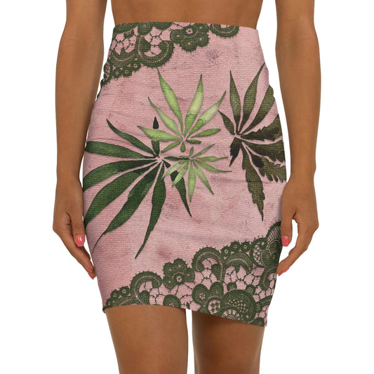 Grey Lace Gorgeous Pink Designed Marijuana 420 Weed Leaf Women's Mini Skirt (AOP)