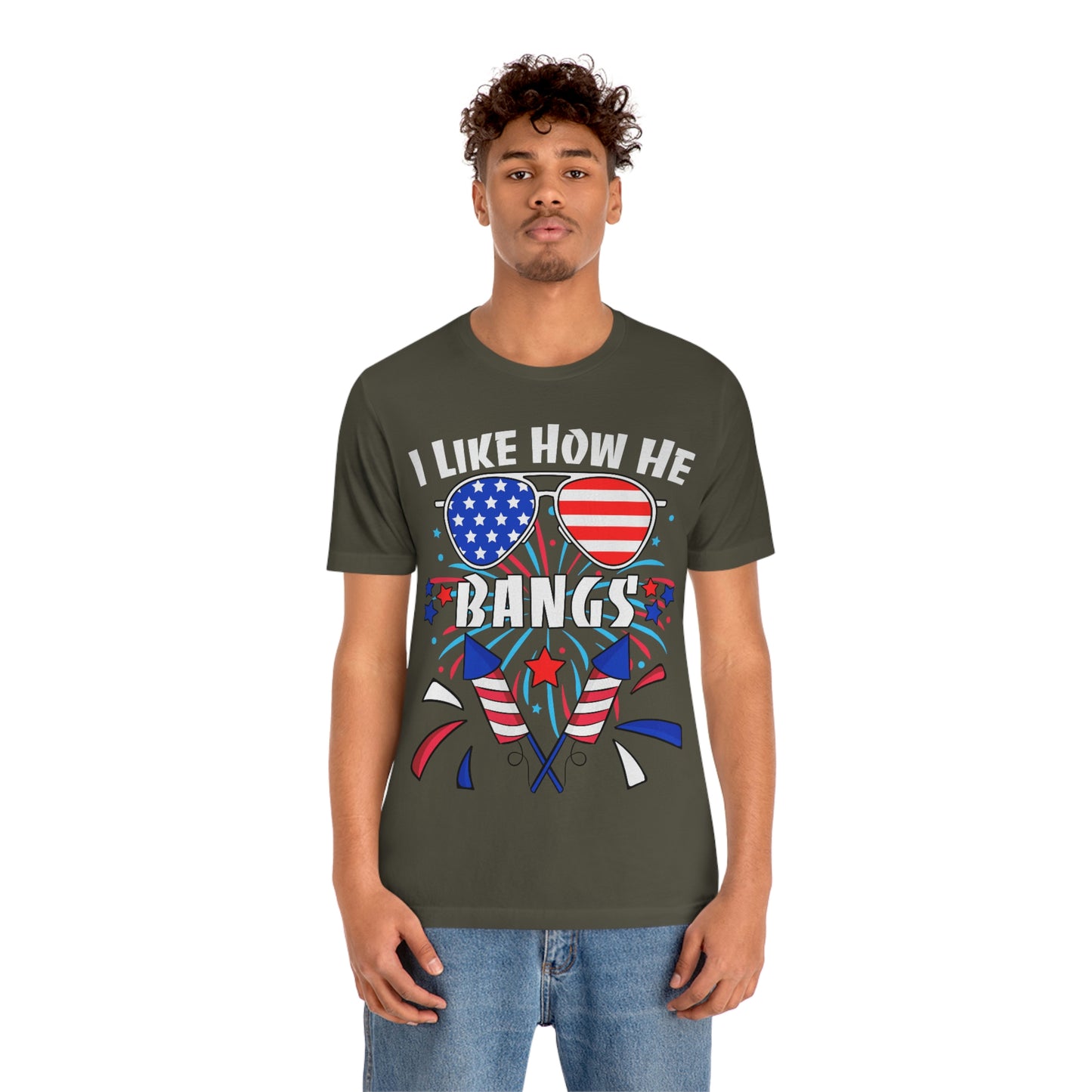 I Like How He Bangs American Flag, Fourth Of July 4th , American Flag Glasses Unisex Jersey Short Sleeve Tee