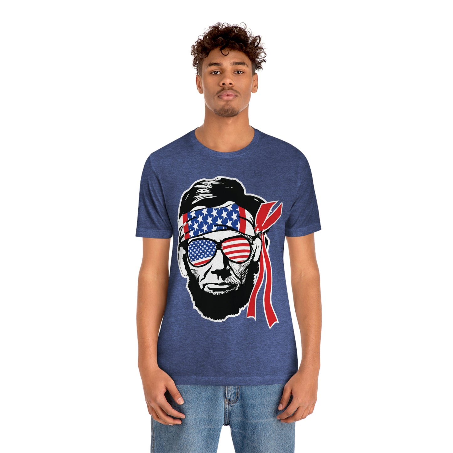 Independence Day Groovy Flag Glasses Well Known Face with Flag Bandana Unisex Jersey Short Sleeve Tee