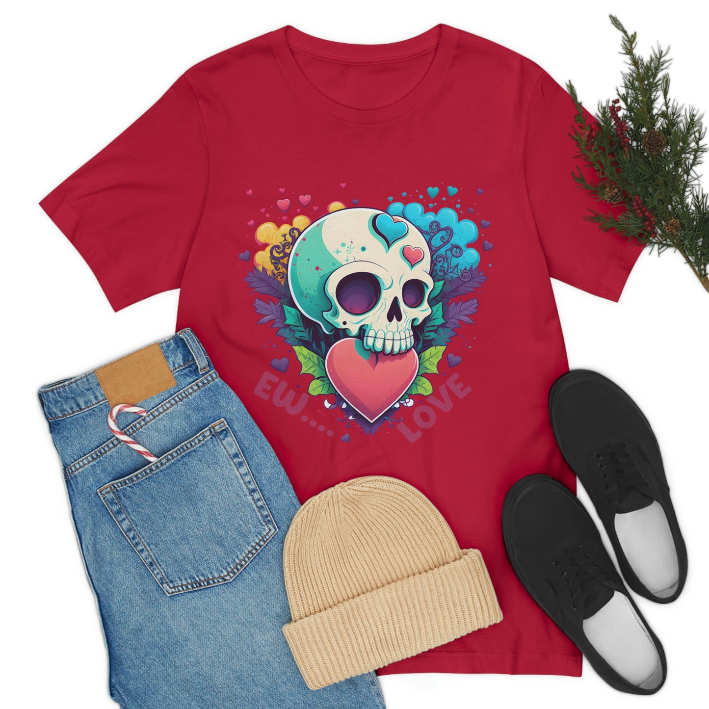 Ew Love Valentine Skull  With Pink And Blue Hearts Unisex Jersey Short Sleeve Tee