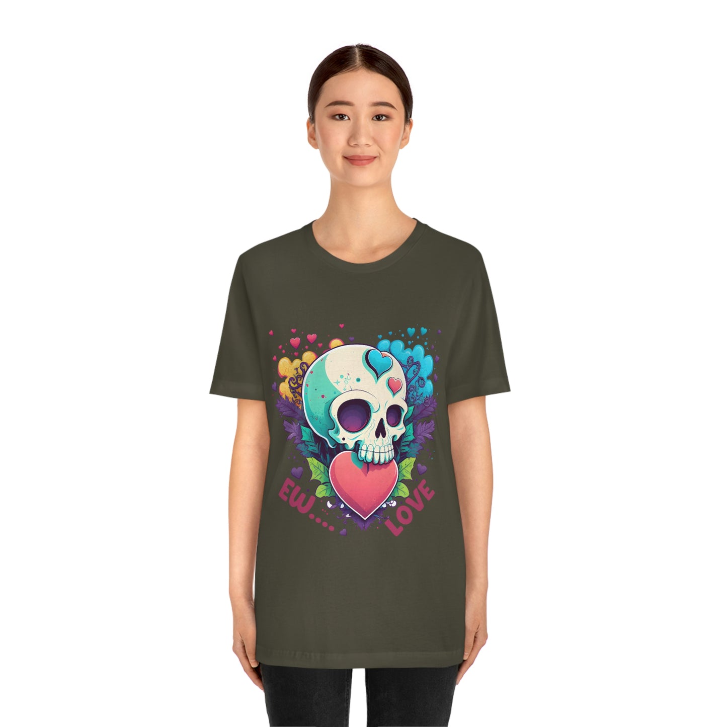 Ew Love Valentine Skull  With Pink And Blue Hearts Unisex Jersey Short Sleeve Tee