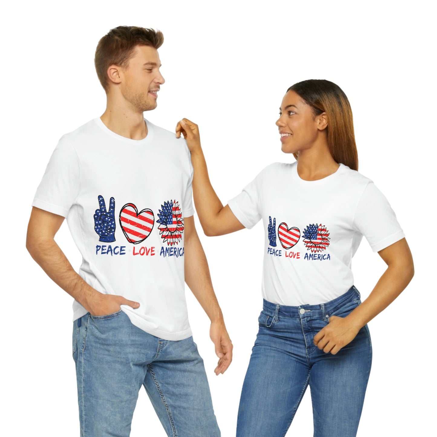 Peace Fingers , Love Heart , America Flag Design Unisex Jersey Short Sleeve Tee