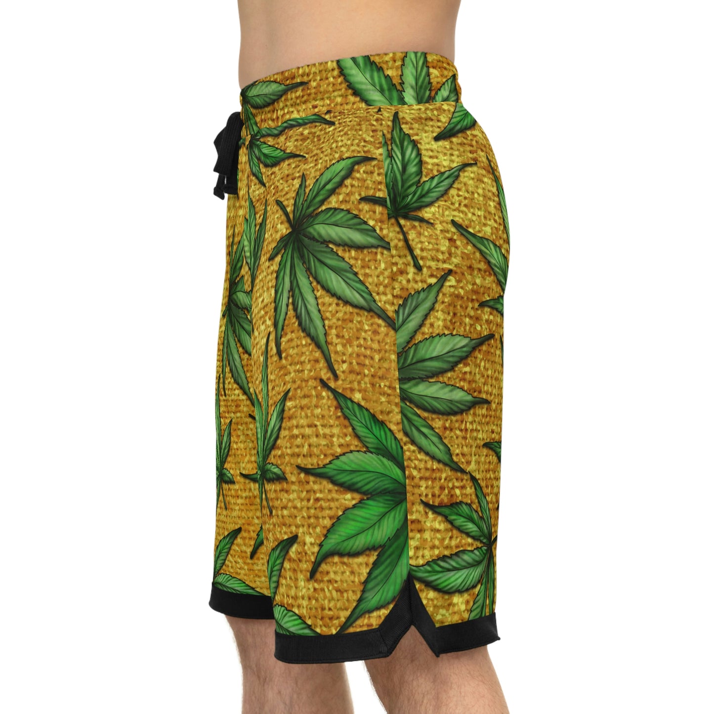 Gold And Green Marijuana Pot Weed Leaf With Gold Background 420 Basketball Rib Shorts (AOP)