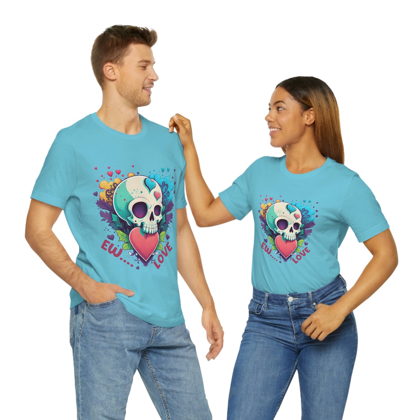 Ew Love Valentine Skull  With Pink And Blue Hearts Unisex Jersey Short Sleeve Tee