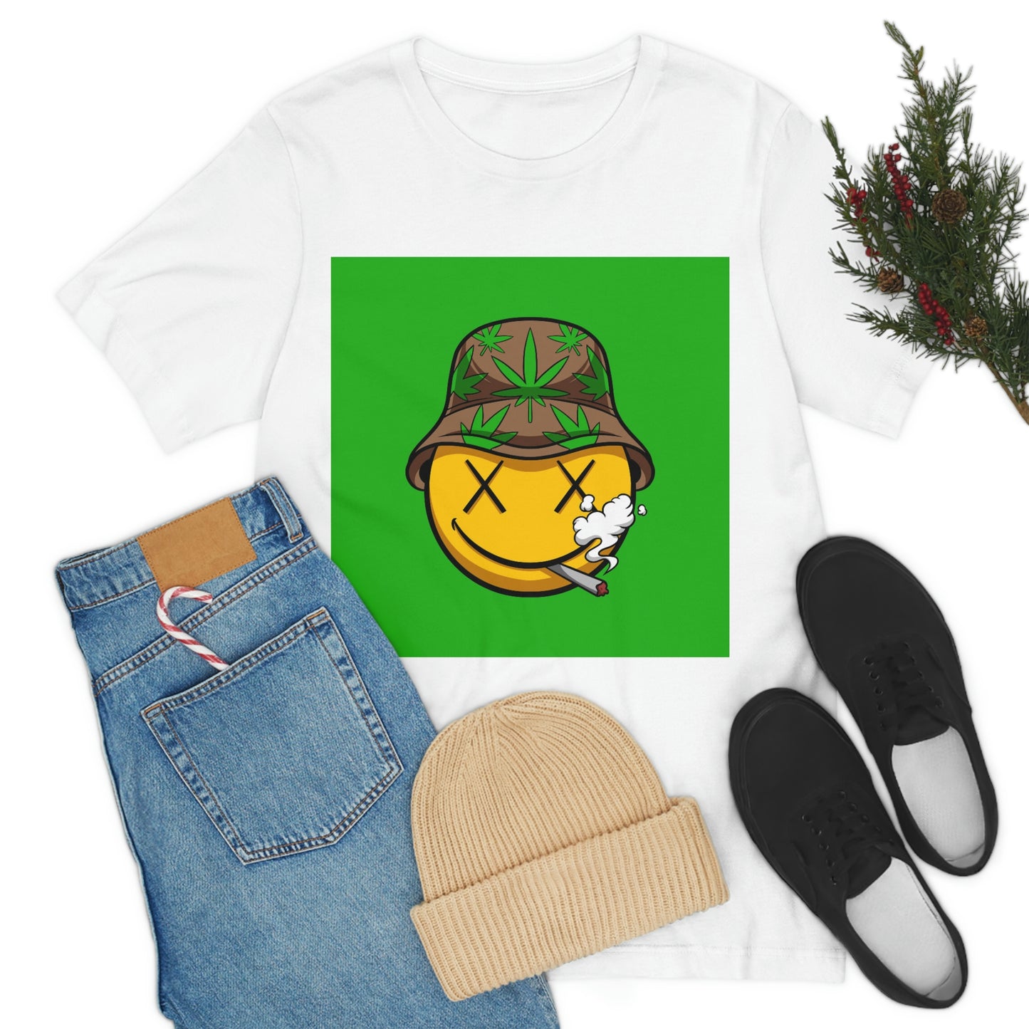 Blazed Happy Face With Hat & Pot Leafs, Unisex Jersey Short Sleeve Tee