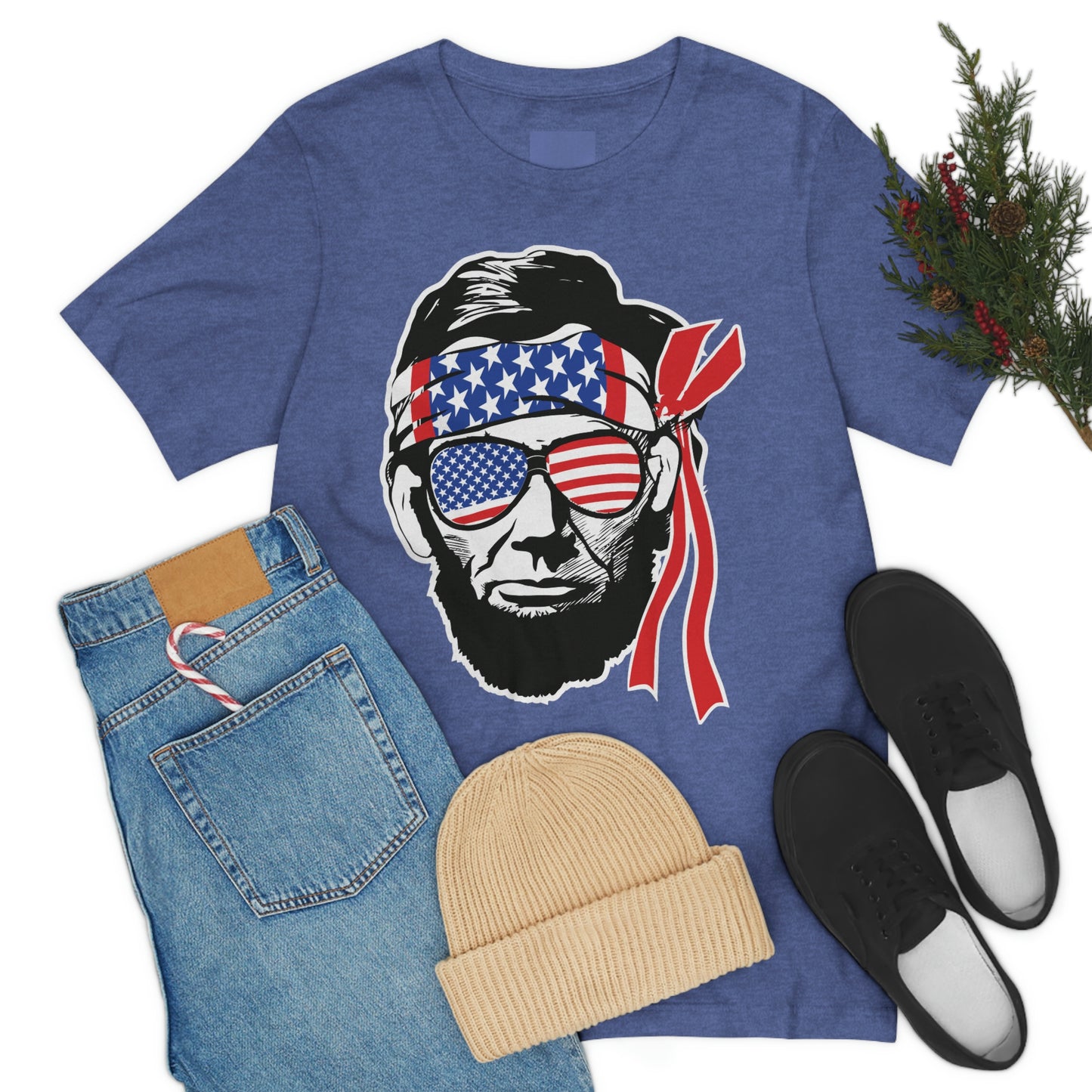 Independence Day Groovy Flag Glasses Well Known Face with Flag Bandana Unisex Jersey Short Sleeve Tee