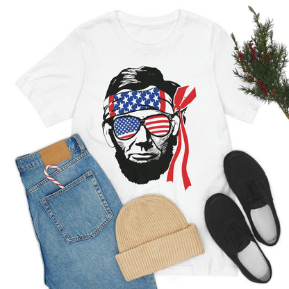 Independence Day Groovy Flag Glasses Well Known Face with Flag Bandana Unisex Jersey Short Sleeve Tee