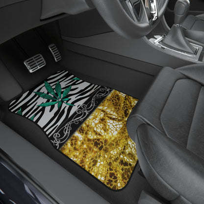 Gold And Zebra White And Black Marijuana Pot 420 Leaf Car Mats (Set of 4)