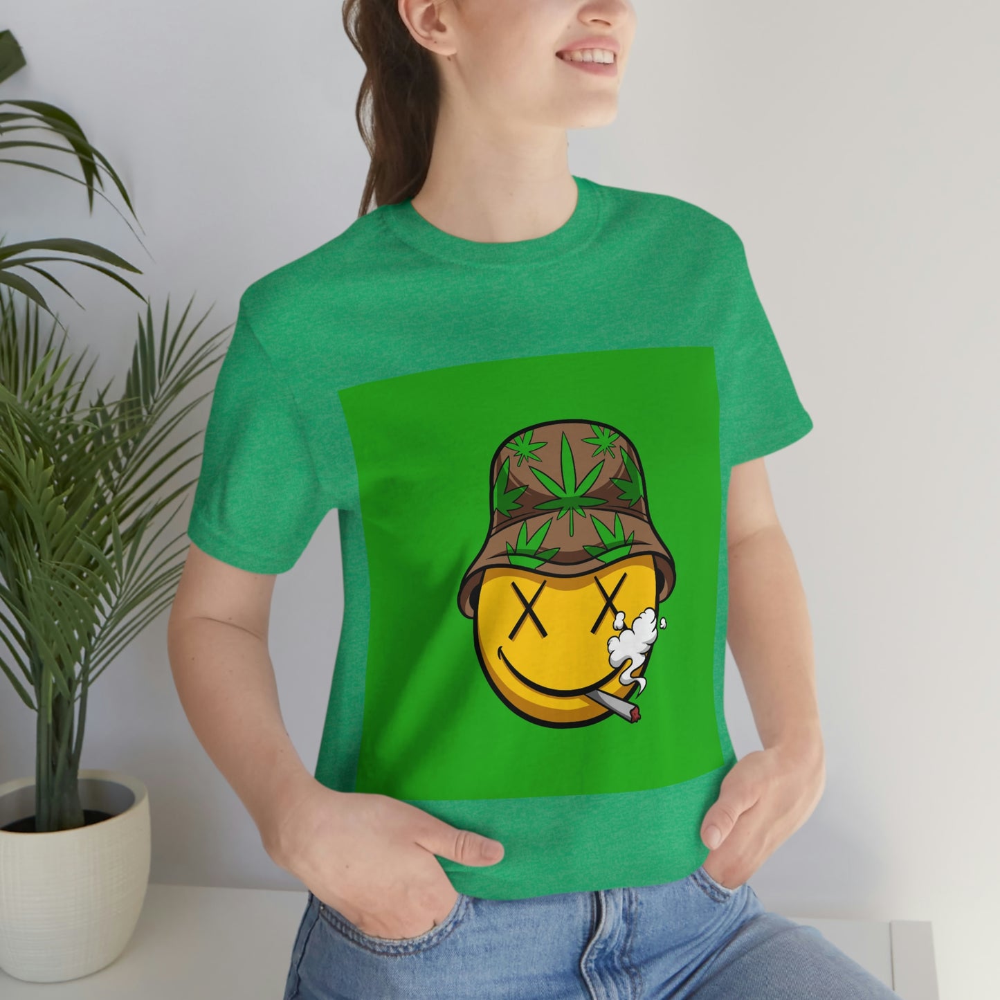 Blazed Happy Face With Hat & Pot Leafs, Unisex Jersey Short Sleeve Tee