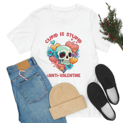 Stupid Cupid #Anti-Valentine Skull With Hearts & Flowers Unisex Jersey Short Sleeve Tee