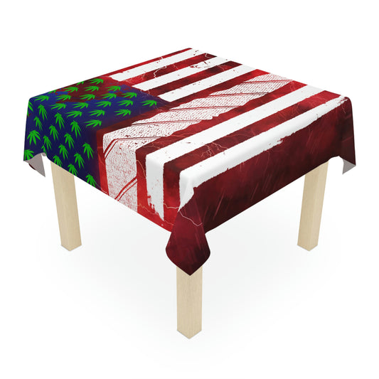 Flag Red, White And Blue Beautiful Red Background With Marijuana Pot Weed 420 Tablecloth